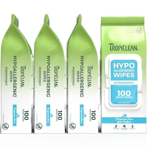 TropiClean Hypoallergenic Dog Wipes, Unscented, 100ct, 4 Pack | Fragrance-Free Grooming Wipes for Sensitive Skin thumbnail 1