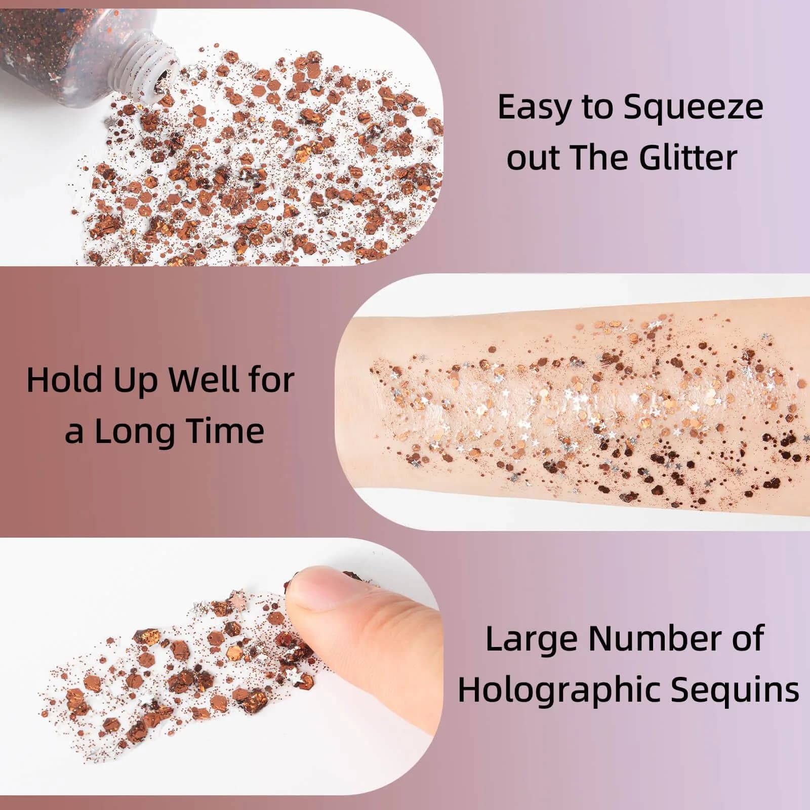 MEICOLY Brown Body Glitter Gel 50ml (1.69 Fl Oz) | Self-Adhesive Chunky Glitter for Face, Body, Hair - view 3