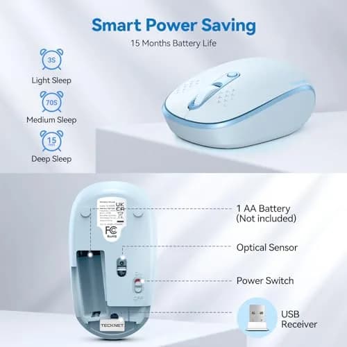 TECKNET Compact Ambidextrous Wireless Mouse for Laptop Blue | Portable, Quiet, 1600 DPI thumbnail 6