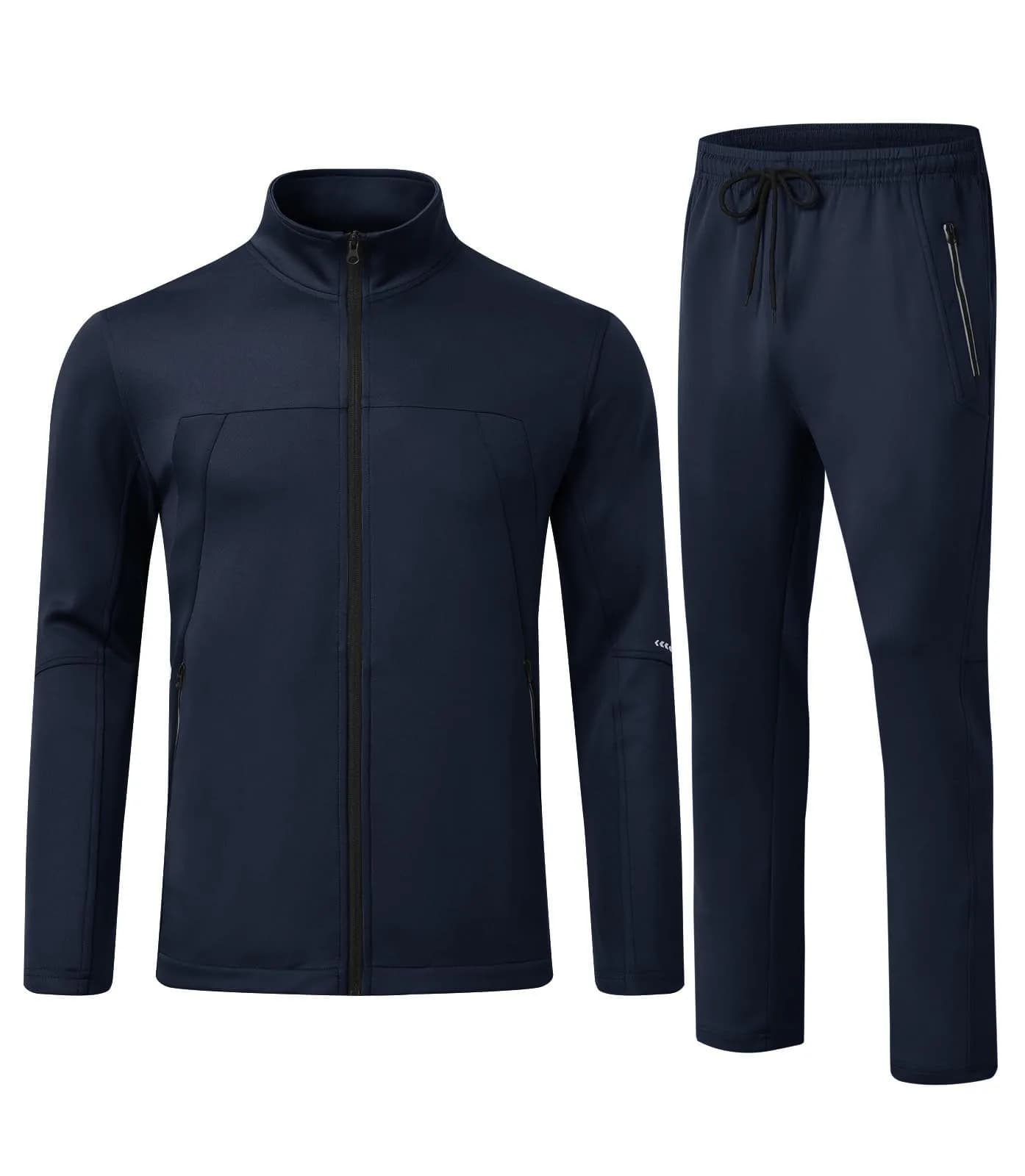 Rdruko Men's 2 Piece Track Suit Set with Zipper Pockets & Reflective Strips | Navy Blue, Large (939 g) — Navy