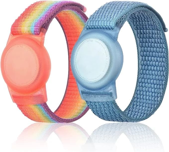 Qonuiy Rainbow & Blue Kids AirTag Wristband with Protective Case | Adjustable Nylon Bracelet - main product image