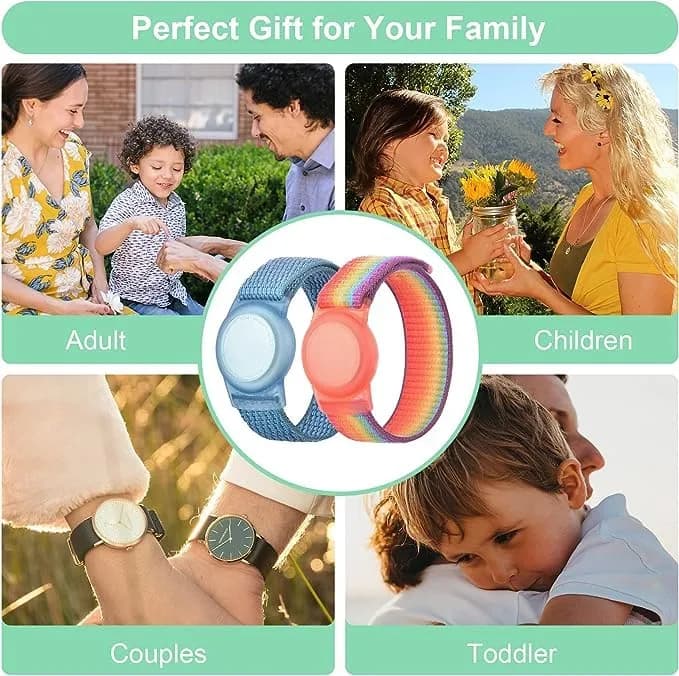 Qonuiy Rainbow & Blue Kids AirTag Wristband with Protective Case | Adjustable Nylon Bracelet - view 6