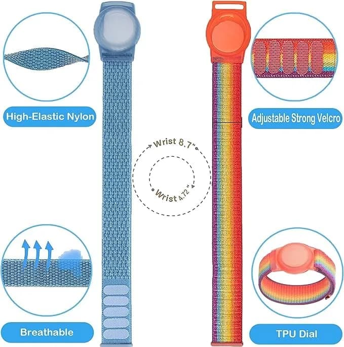 Qonuiy Rainbow & Blue Kids AirTag Wristband with Protective Case | Adjustable Nylon Bracelet - view 3
