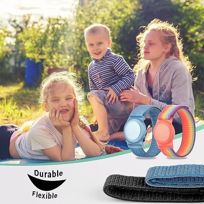 Qonuiy Rainbow & Blue Kids AirTag Wristband with Protective Case | Adjustable Nylon Bracelet - view 4