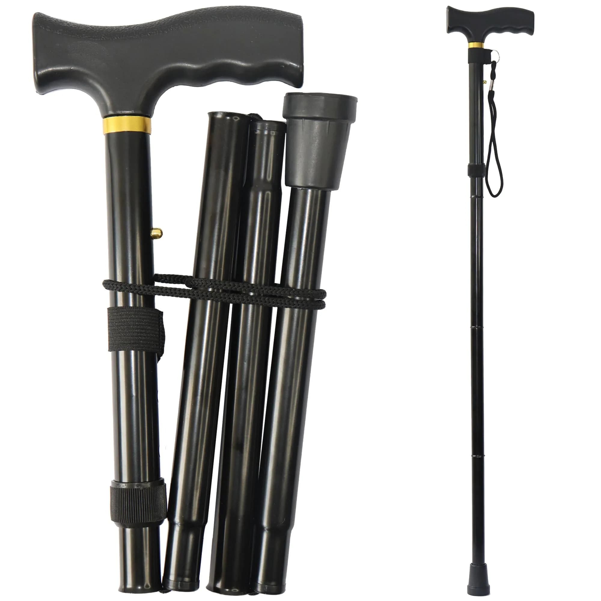 CLOKTA Folding Cane 33-37 inch Adjustable Height | Lightweight Portable Walking Stick with T Handle & Wrist Strap (Floral Black) — Black