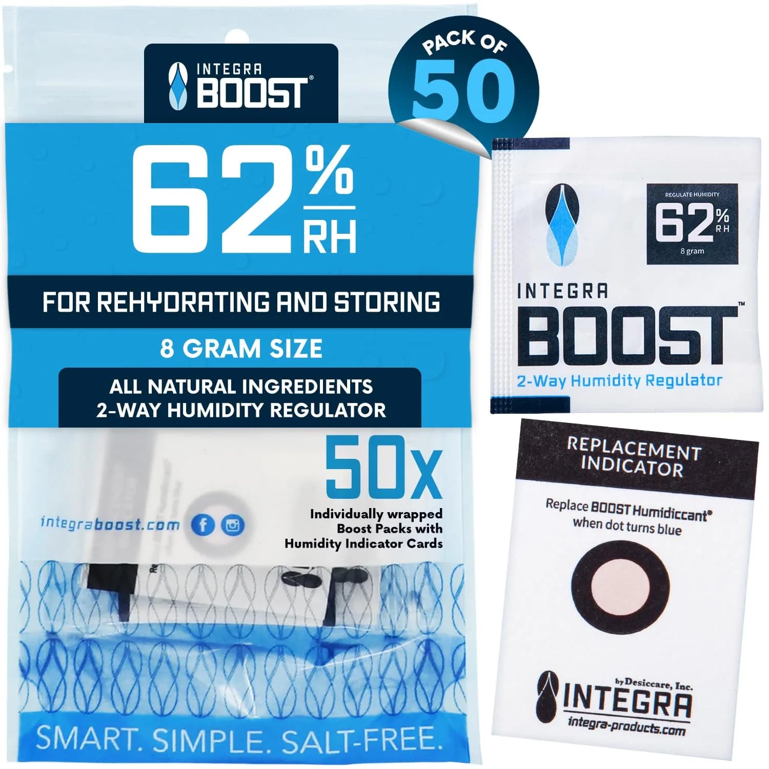 Integra Boost 62% RH Humidity Control Packs 8g (0.28 oz) — Pack of 50 | Preserves Flavor & Aroma — White
