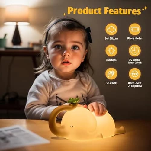 MAGOHMT Silicone Elephant Night Light for Kids | 3-Level Dimmable & Rechargeable Night Lamp thumbnail 4