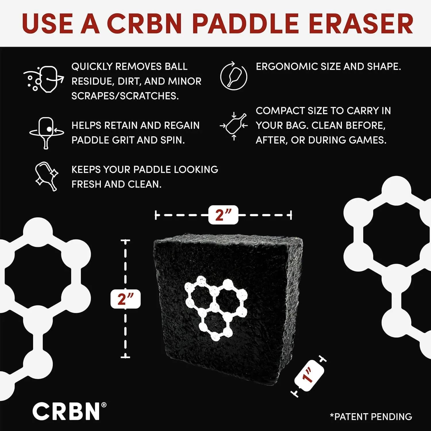 CRBN Pickleball Paddle Eraser (Black, 2-Pack) | Cleans Carbon Fiber Paddles - view 3