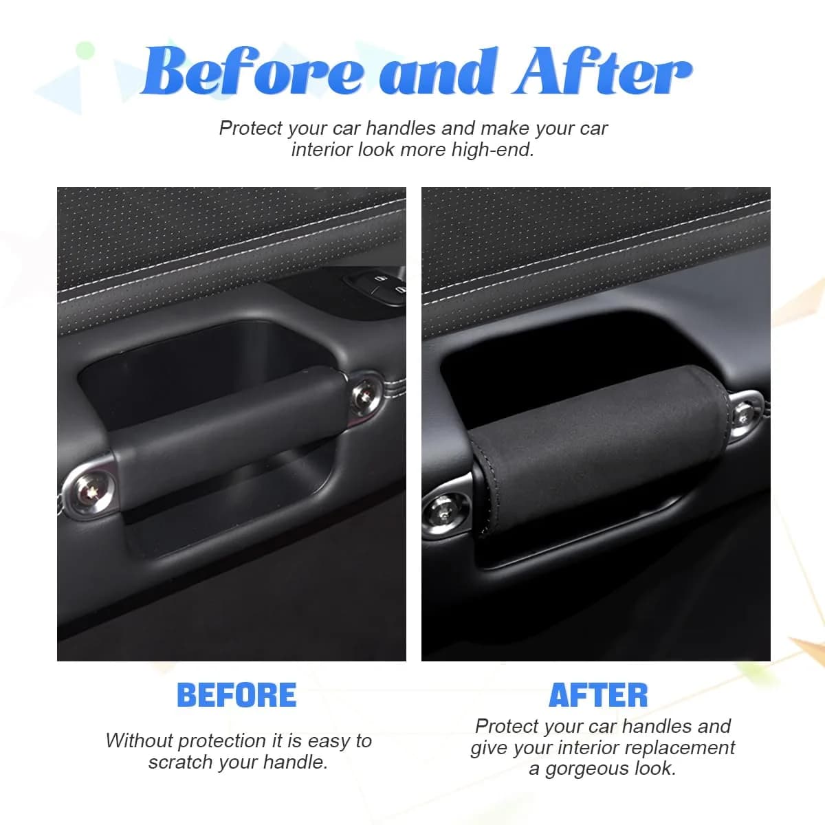 BESULEN Black 2PCS Car Inside Door Handle Protector | Durable Leather Anti-Scratch Cover for Auto Inner Front Rear Door Pull Handle - view 3