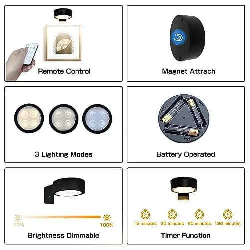 Xuolder Black Battery Operated Picture Light 2-Pack | Dimmable LED Puck Lights with Remote & Timer thumbnail 5