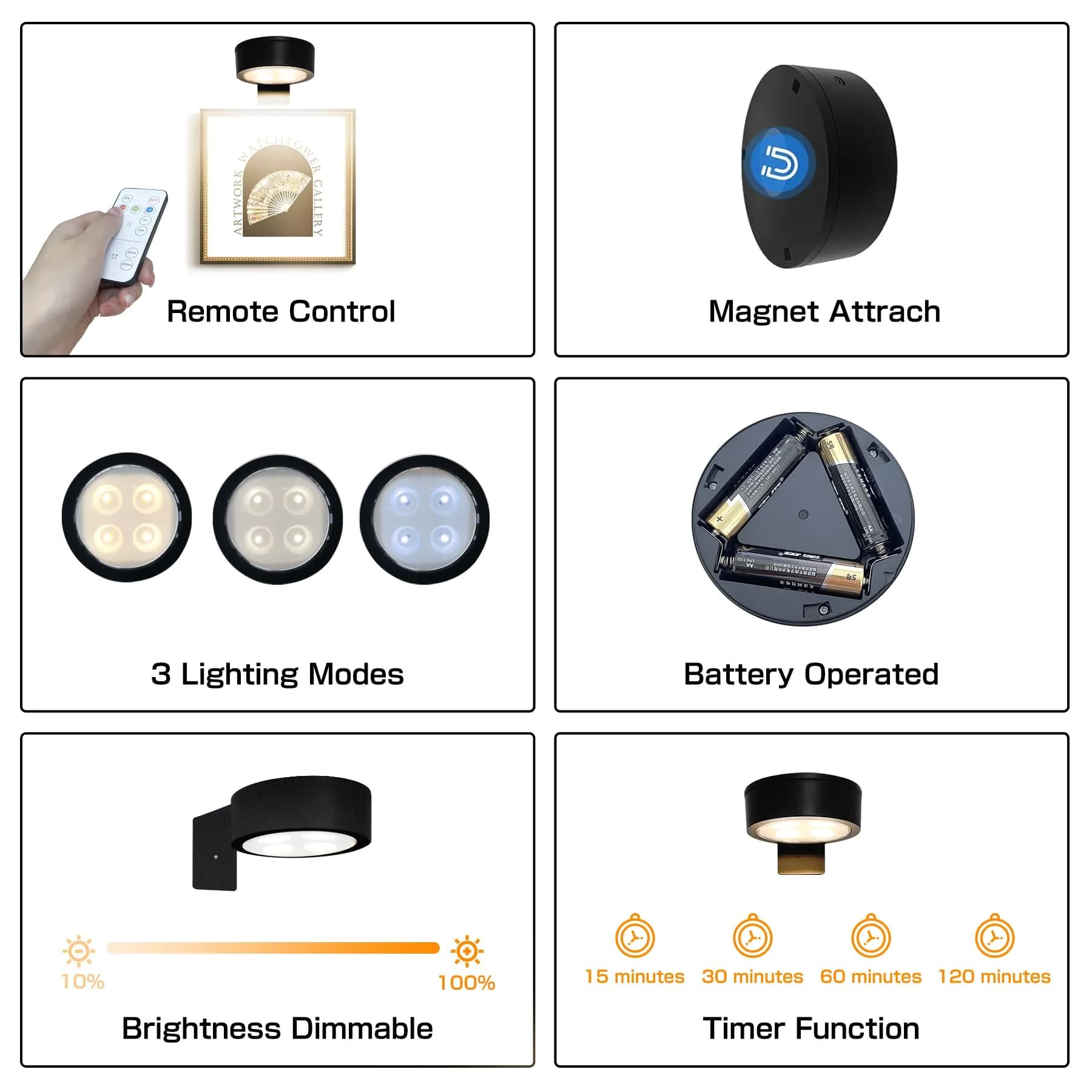 Xuolder Black Battery Operated Picture Light 2-Pack | Dimmable LED Puck Lights with Remote & Timer - view 5