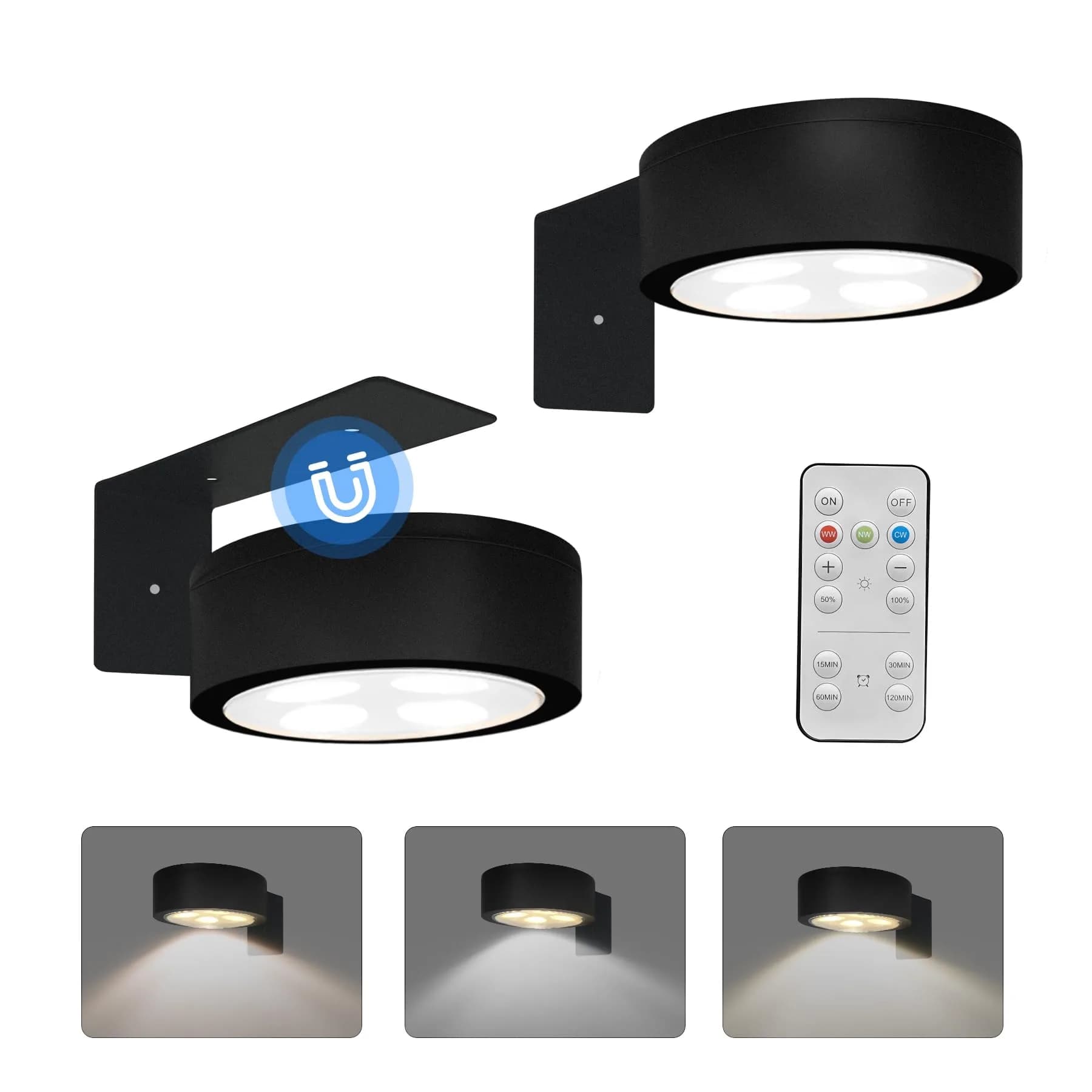 Xuolder Black Battery Operated Picture Light 2-Pack | Dimmable LED Puck Lights with Remote & Timer - main product image