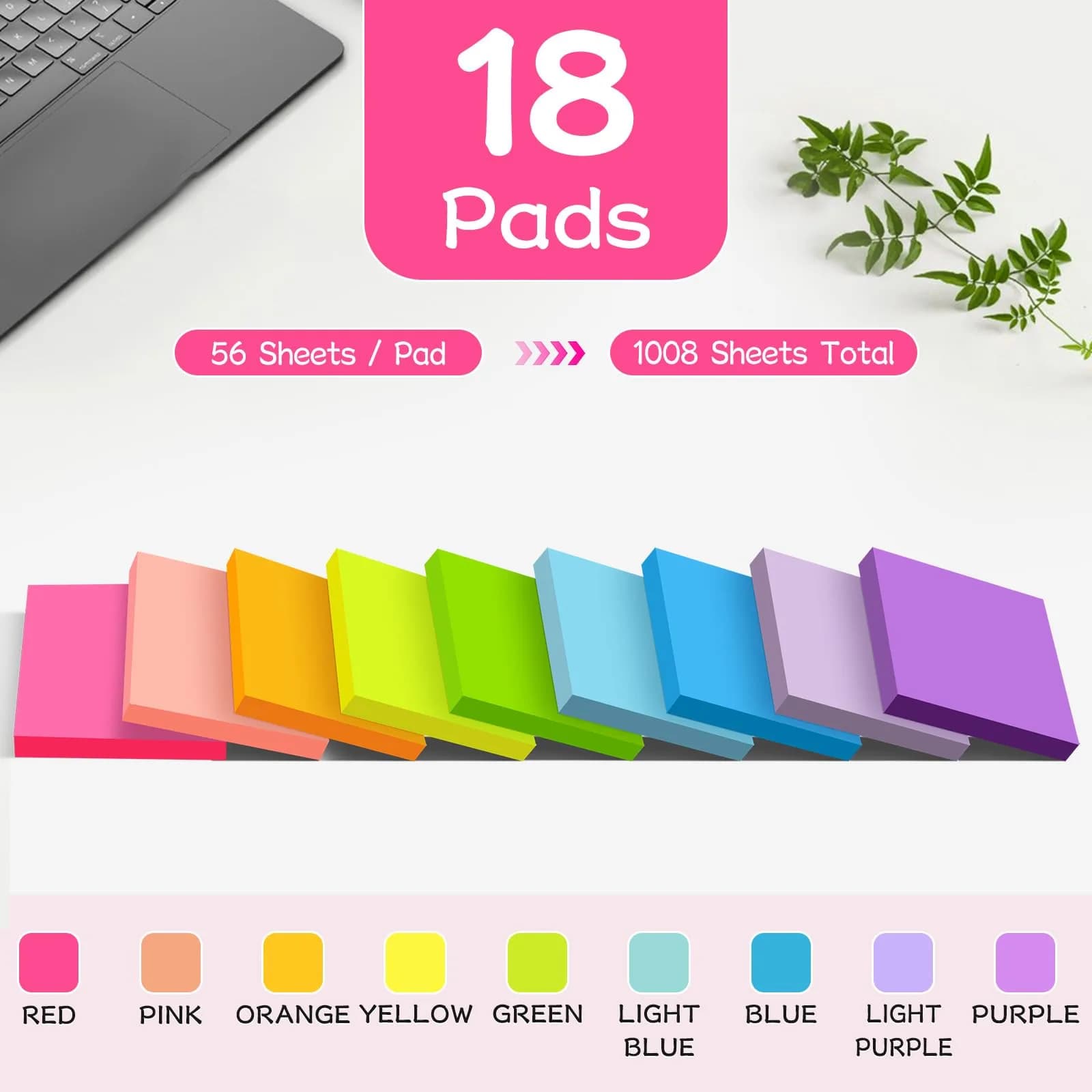 YEECOK Bright Sticky Notes 3x3 inch, 100 Sheets per Pad, Bulk Pack of 18 Pads - view 2