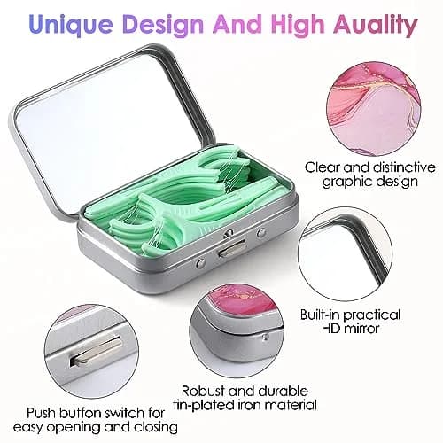 Gerkia Pink Marble Dental Floss Case with Mirror | Portable Travel Essentials thumbnail 3
