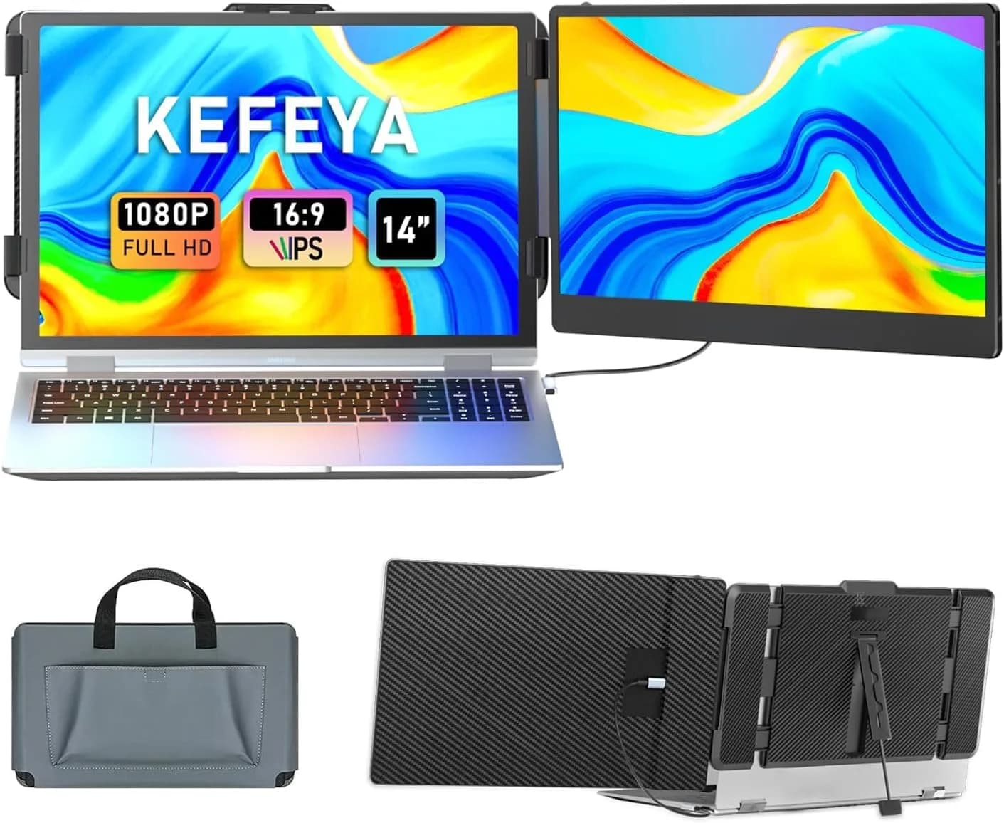KEFEYA 14" FHD IPS Laptop Monitor Extender | Portable Dual Screen for Windows/Mac/Android - main product image