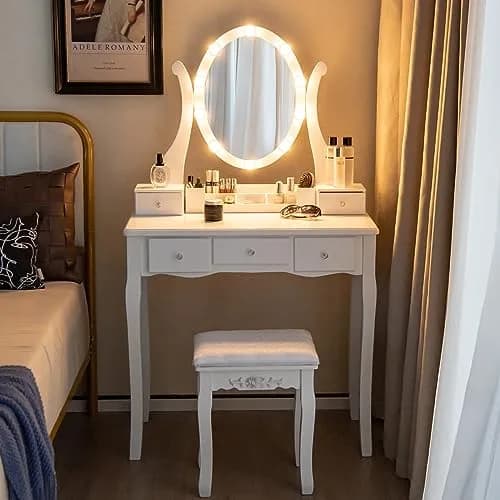 CHARMAID Makeup Vanity with Lighted Mirror, 10 LED Lights, 3-Color Modes, Adjustable Brightness, 5 Drawers, White & Cushioned Stool thumbnail 1