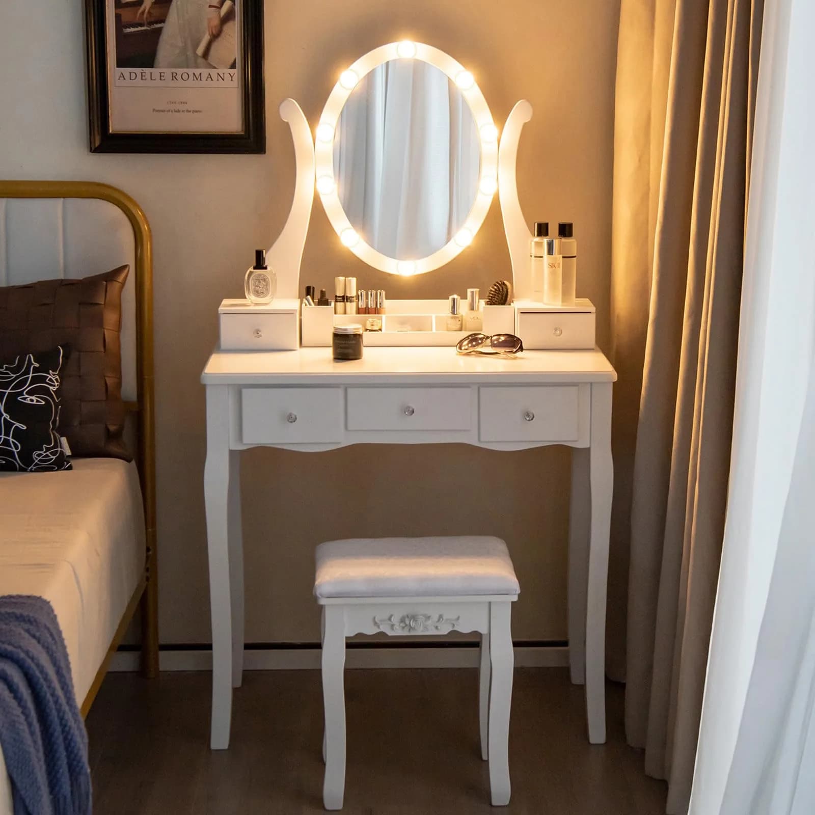 CHARMAID Makeup Vanity with Lighted Mirror, 10 LED Lights, 3-Color Modes, Adjustable Brightness, 5 Drawers, White & Cushioned Stool