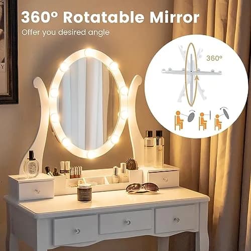 CHARMAID Makeup Vanity with Lighted Mirror, 10 LED Lights, 3-Color Modes, Adjustable Brightness, 5 Drawers, White & Cushioned Stool thumbnail 2