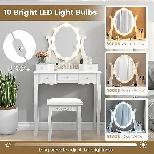 CHARMAID Makeup Vanity with Lighted Mirror, 10 LED Lights, 3-Color Modes, Adjustable Brightness, 5 Drawers, White & Cushioned Stool thumbnail 4