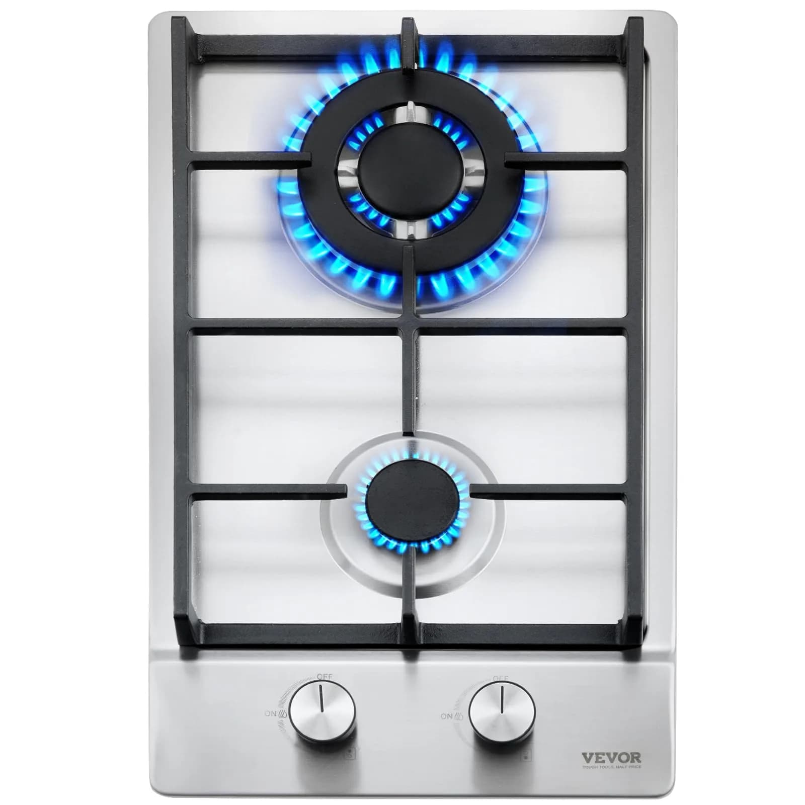 VEVOR 12 inch Gas Cooktop 2 Burners 12250BTU Stainless Steel | 220V Compatible Built-In LPG/NG Convertible - main product image
