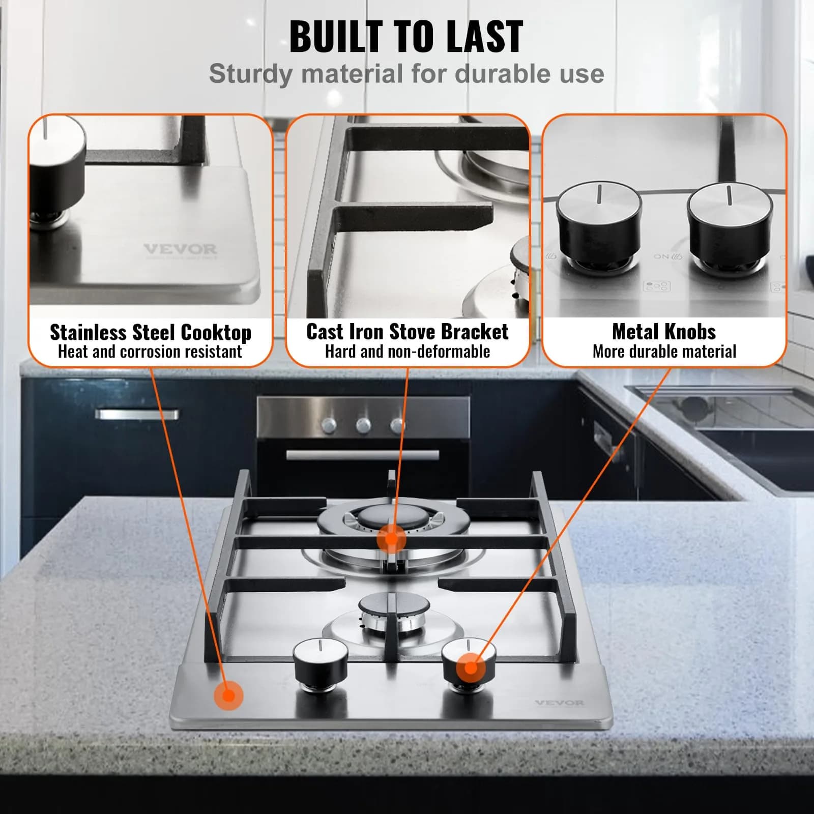 VEVOR 12 inch Gas Cooktop 2 Burners 12250BTU Stainless Steel | 220V Compatible Built-In LPG/NG Convertible - view 5