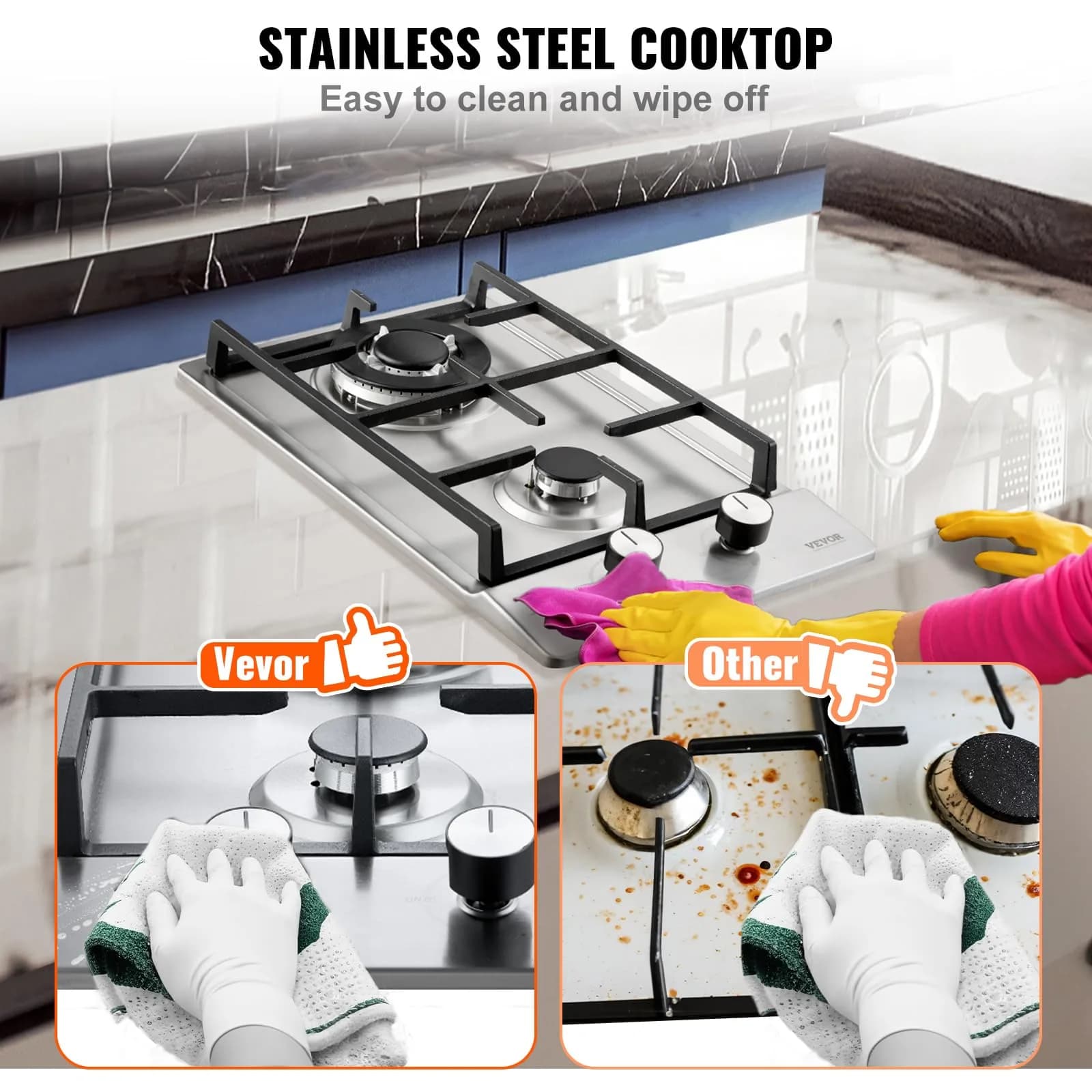 VEVOR 12 inch Gas Cooktop 2 Burners 12250BTU Stainless Steel | 220V Compatible Built-In LPG/NG Convertible - view 6