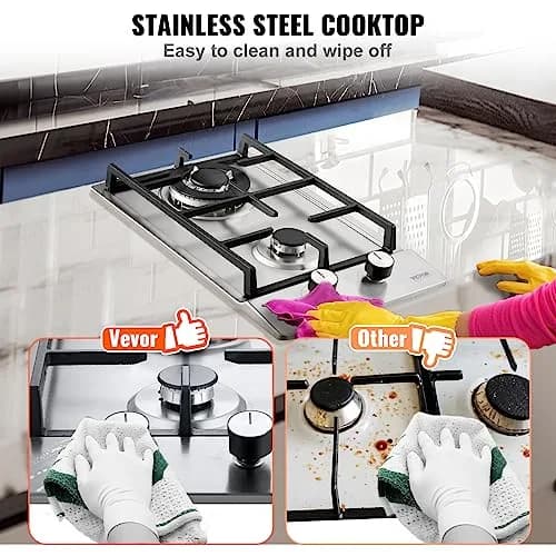 VEVOR 12 inch Gas Cooktop 2 Burners 12250BTU Stainless Steel | 220V Compatible Built-In LPG/NG Convertible thumbnail 6