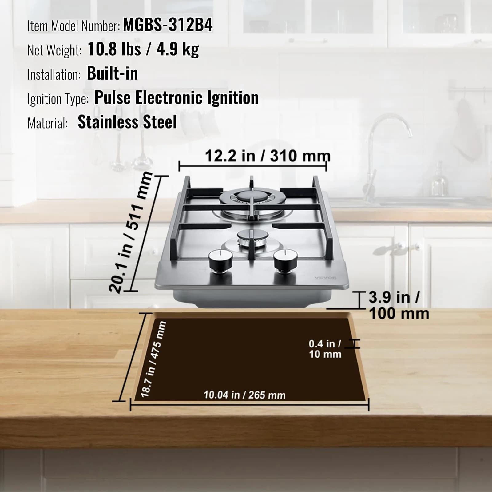 VEVOR 12 inch Gas Cooktop 2 Burners 12250BTU Stainless Steel | 220V Compatible Built-In LPG/NG Convertible - view 7