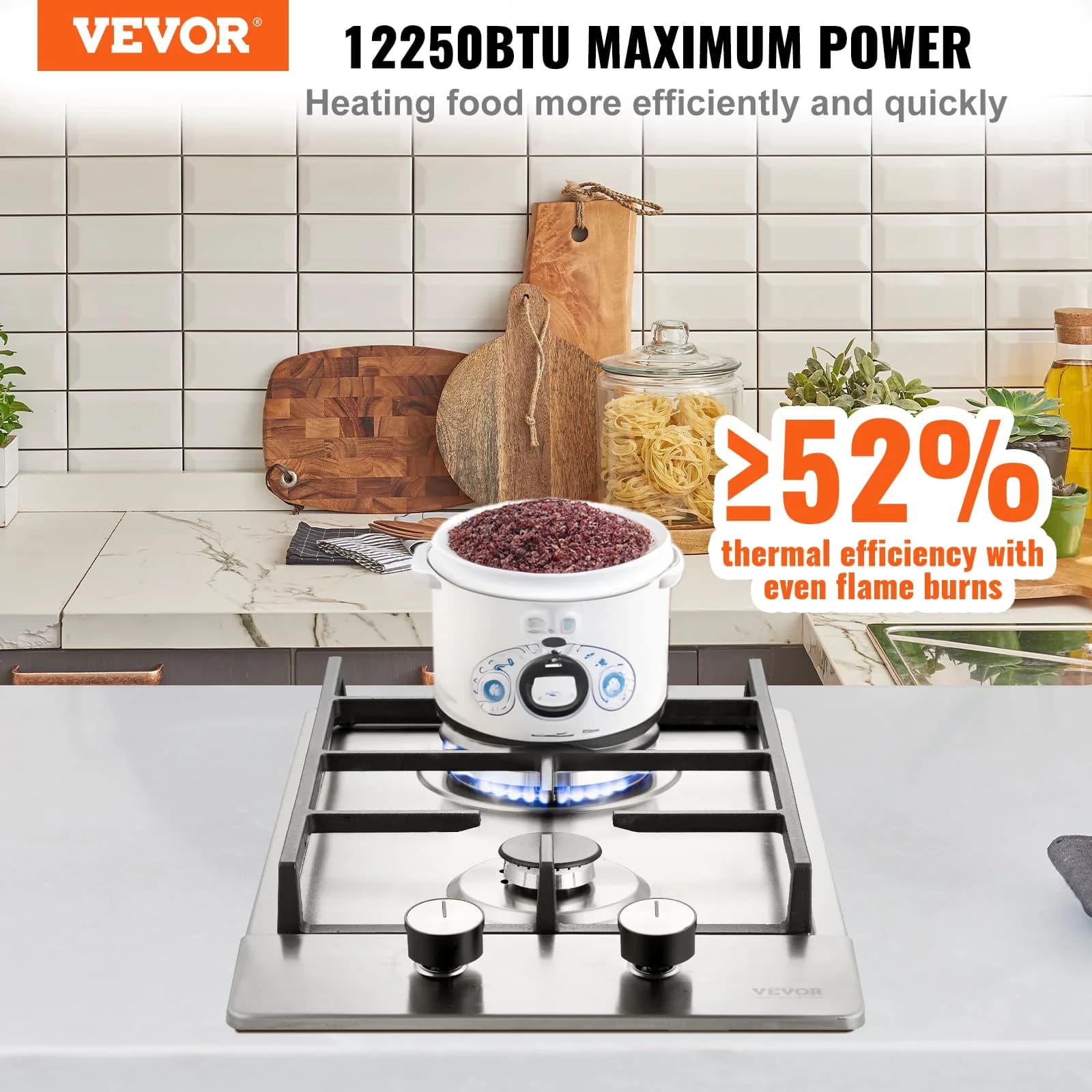 VEVOR 12 inch Gas Cooktop 2 Burners 12250BTU Stainless Steel | 220V Compatible Built-In LPG/NG Convertible - view 2
