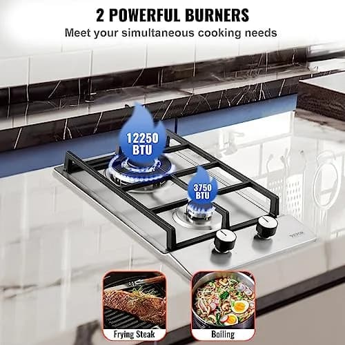 VEVOR 12 inch Gas Cooktop 2 Burners 12250BTU Stainless Steel | 220V Compatible Built-In LPG/NG Convertible thumbnail 3