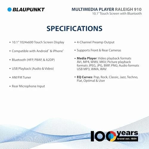 BLAUPUNKT Raleigh 910 10.1" Touch Screen Car Radio with Android Auto & Apple CarPlay | 1024 x 600 TFT Display, 13-Band EQ, Bluetooth thumbnail 3
