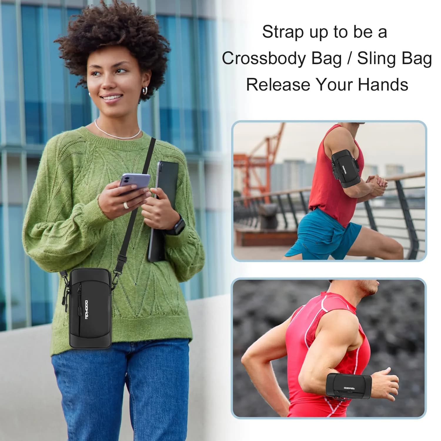 RDMODO Running Armband Phone Holder with Crossbody Strap, 19cm (7.5 Inch) Black | Universal Fit for Most Phones - view 6