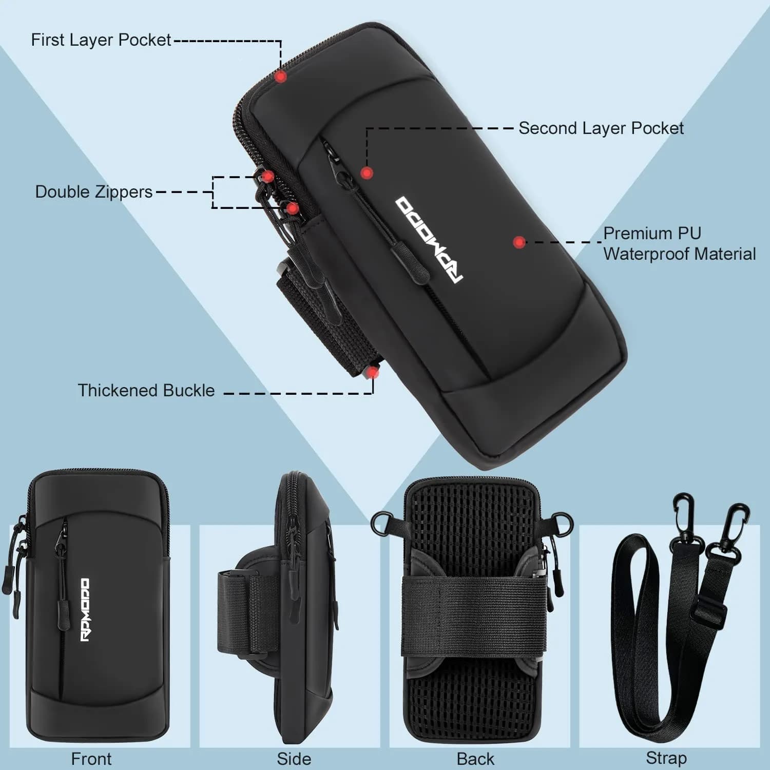 RDMODO Running Armband Phone Holder with Crossbody Strap, 19cm (7.5 Inch) Black | Universal Fit for Most Phones - view 2