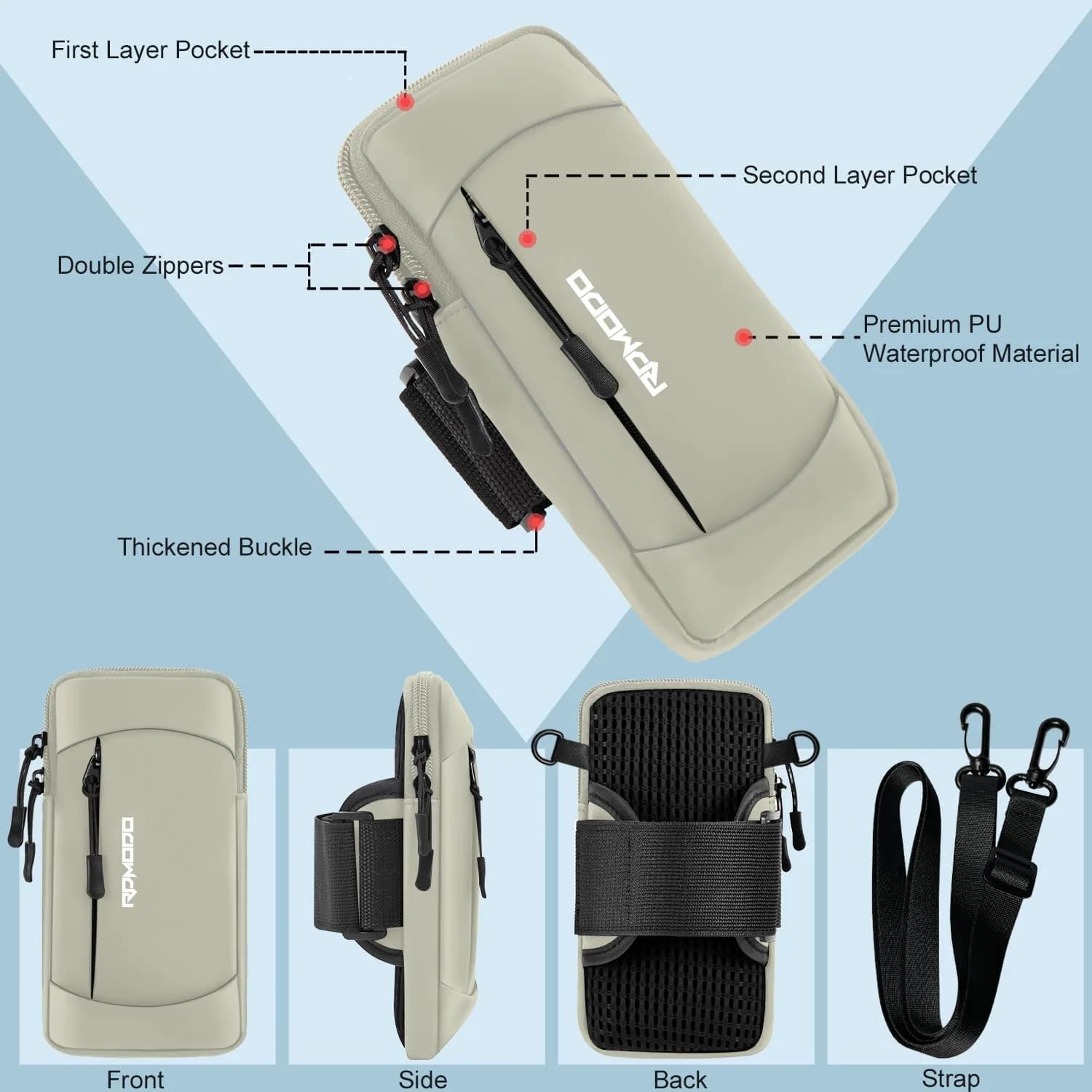 RDMODO Universal Phone Armband & Crossbody Bag 7.5 inch (19cm) Khaki | Water Resistant & Lightweight for Running - view 2