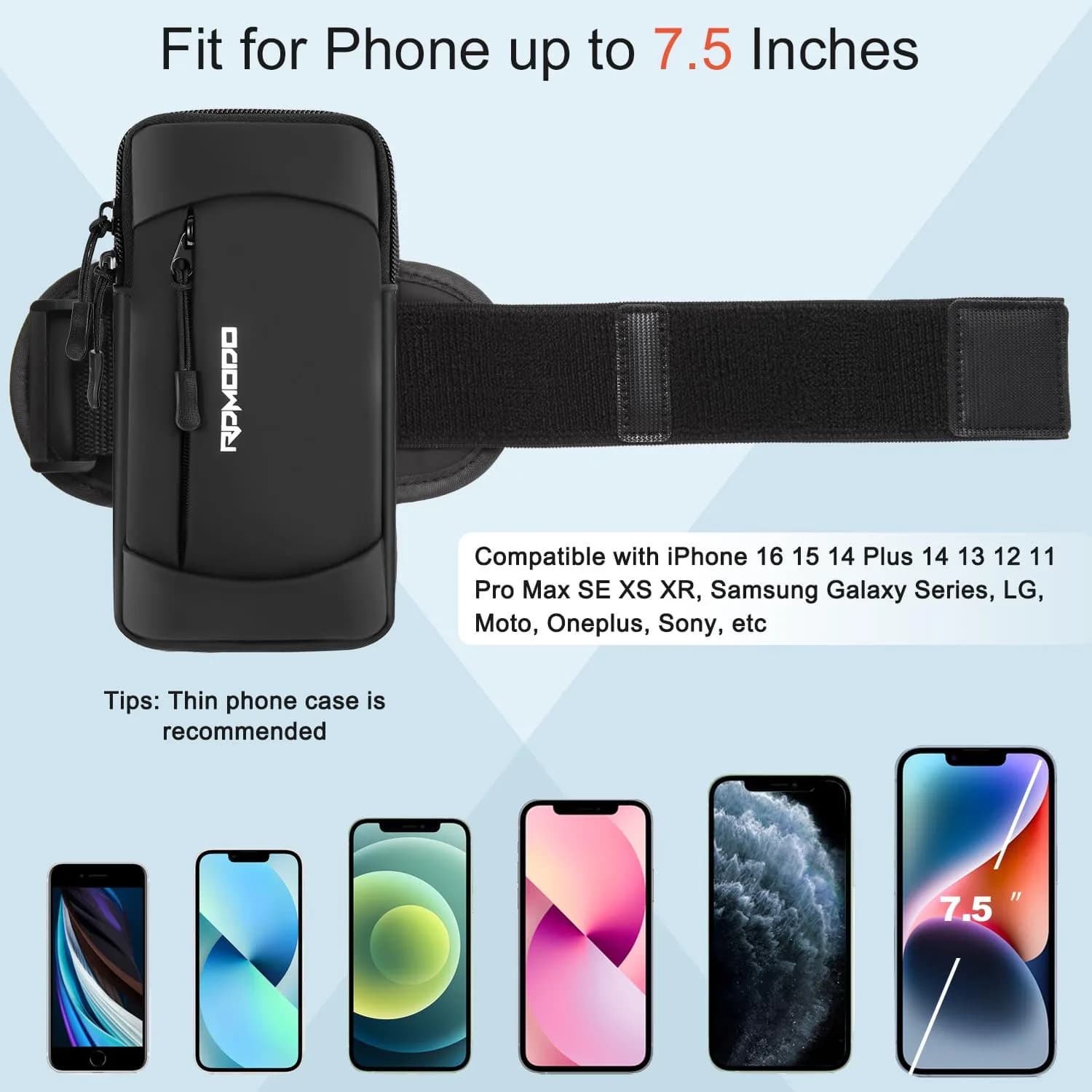 RDMODO Universal Cell Phone Armband for Running, Fits Phones Up to 7.5" (Black) | Large Capacity Water Resistant Pouch - view 3