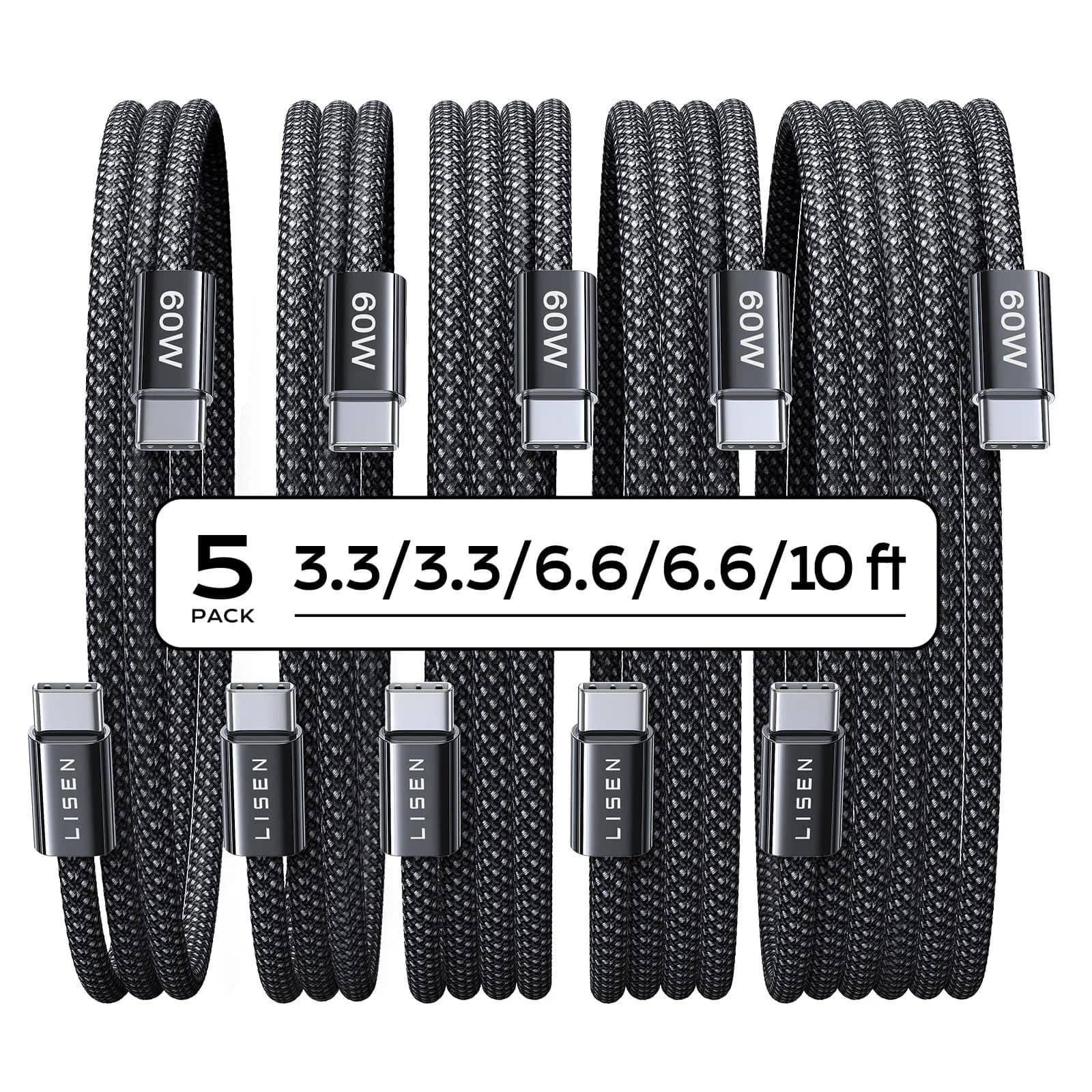 LISEN USB C to USB C Cable 60W 5-Pack | Fast Charging & Data Transfer (70-120 chars)