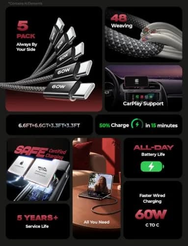 LISEN USB C to USB C Cable 60W 5-Pack | Fast Charging & Data Transfer (70-120 chars) thumbnail 2