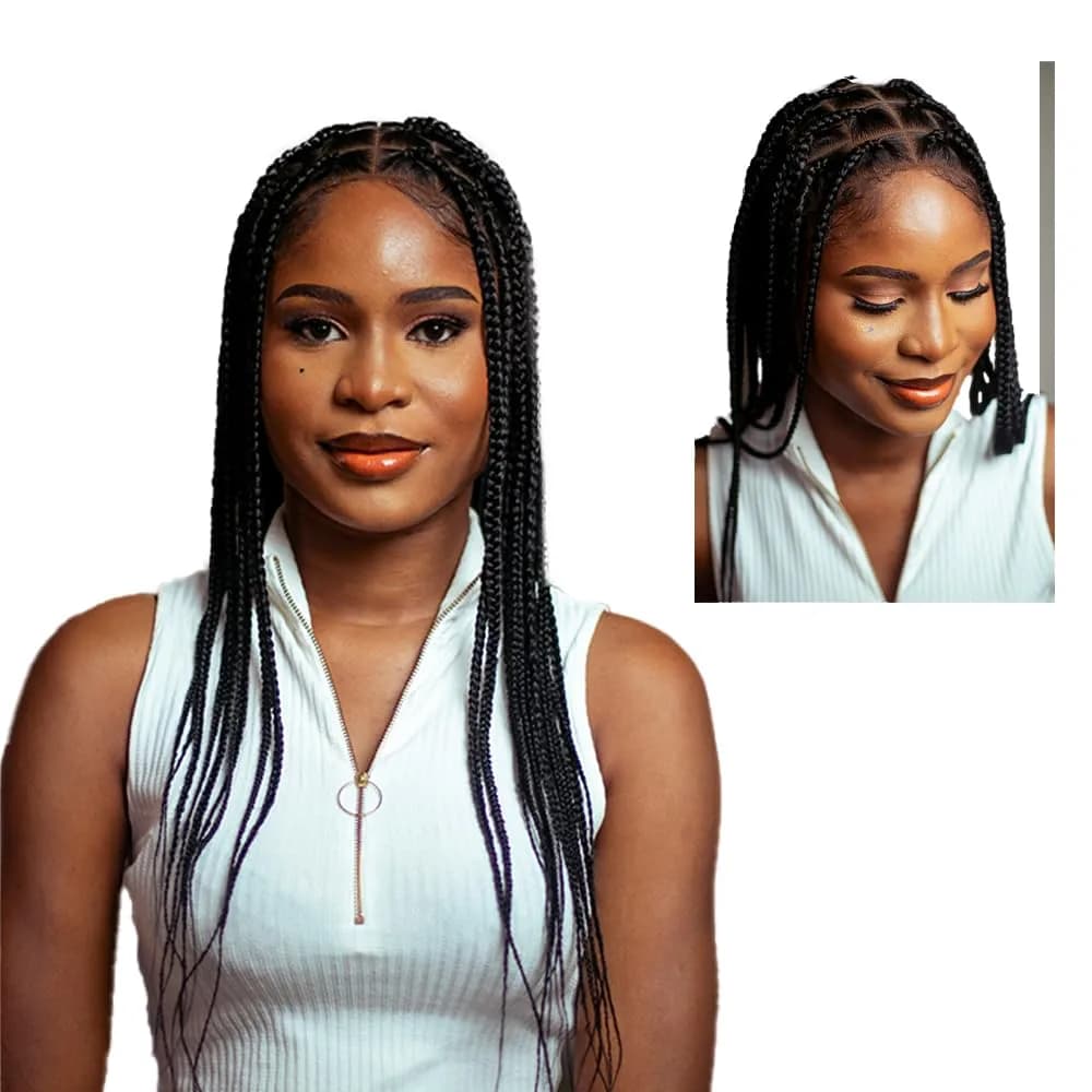 Wow Braids Box Braid Wig - Knotless Braided Wigs for Black women, with 360 glueless Full Swiss Lace Cap, & Human Baby Hair Frontal, Synthetic Long Neat African Handmade Braiding - 18 inch/Black | Realistic & Comfortable