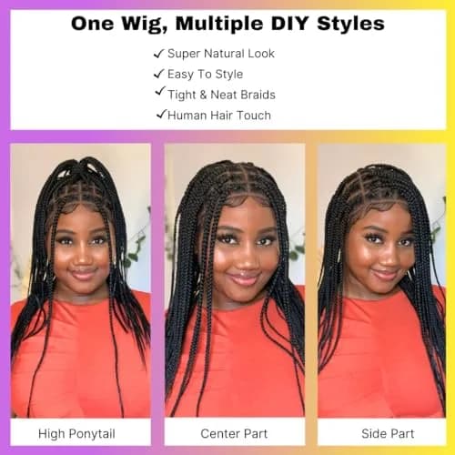 Wow Braids Box Braid Wig - Knotless Braided Wigs for Black women, with 360 glueless Full Swiss Lace Cap, & Human Baby Hair Frontal, Synthetic Long Neat African Handmade Braiding - 18 inch/Black | Realistic & Comfortable thumbnail 4