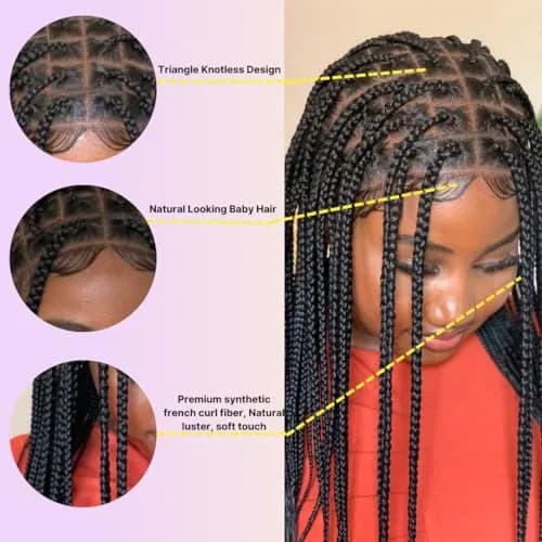 Wow Braids Box Braid Wig - Knotless Braided Wigs for Black women, with 360 glueless Full Swiss Lace Cap, & Human Baby Hair Frontal, Synthetic Long Neat African Handmade Braiding - 18 inch/Black | Realistic & Comfortable thumbnail 2