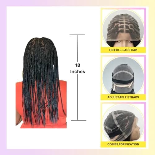 Wow Braids Box Braid Wig - Knotless Braided Wigs for Black women, with 360 glueless Full Swiss Lace Cap, & Human Baby Hair Frontal, Synthetic Long Neat African Handmade Braiding - 18 inch/Black | Realistic & Comfortable thumbnail 3