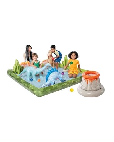 Intex Jurassic Adventure Inflatable Kiddie Pool with Water Sprayer, Slide & Dinosaurs, 79" x 79" x 14" | Ages 2+ Splash Pool - main product image