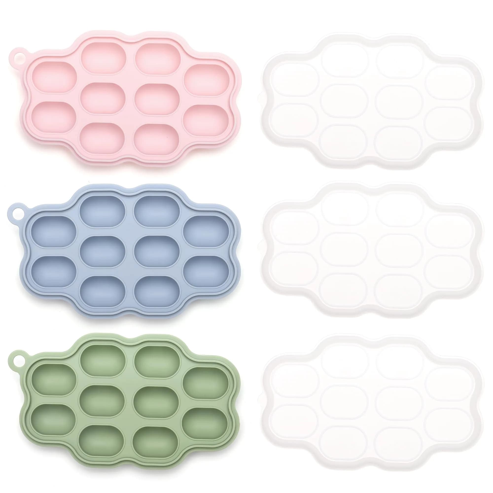KingKam Silicone Nibble Freezer Tray (3 Pack) | Baby Food & Breastmilk Popsicle Mold (300 ml, 10 Holes) — Blue / Green / Pink