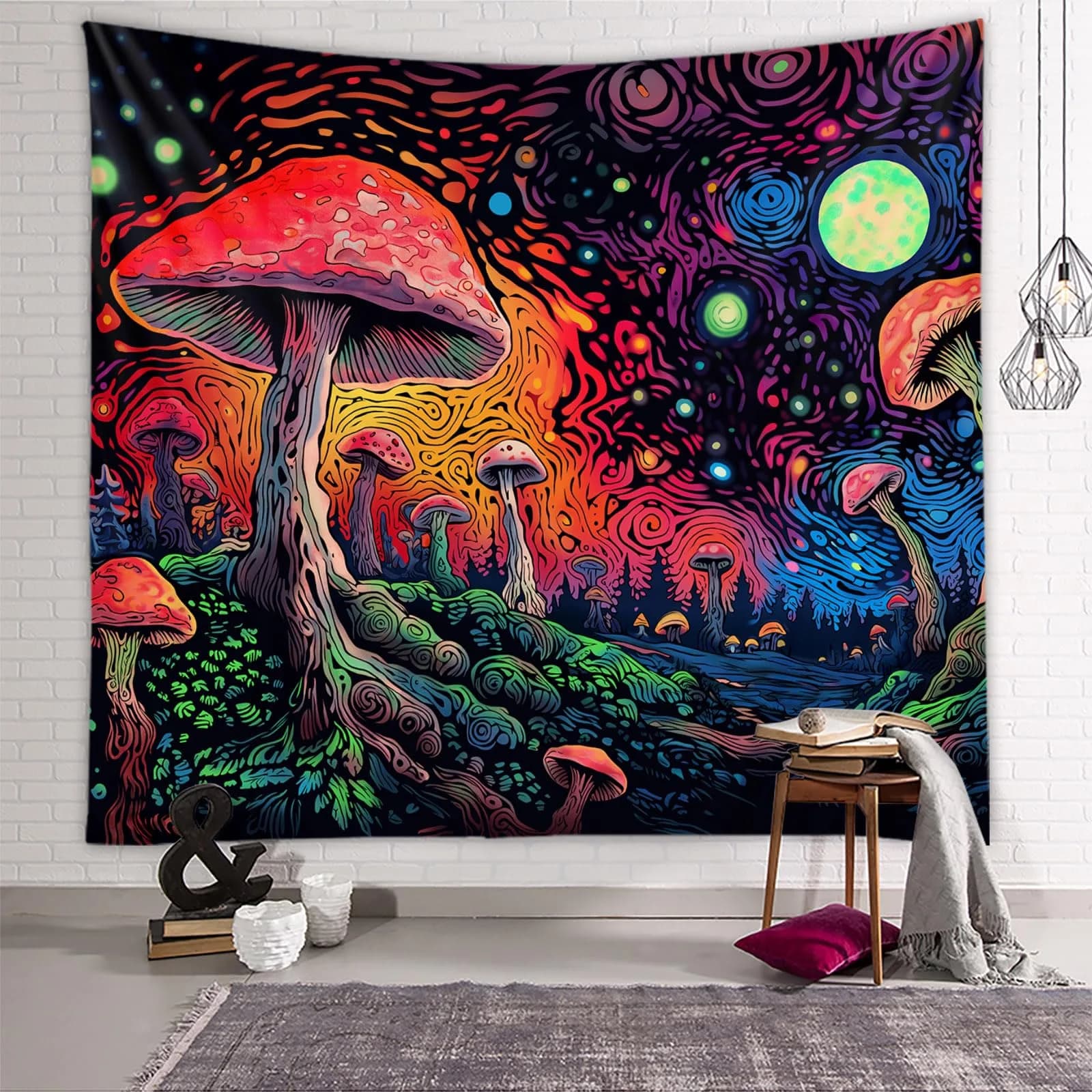Tapzen Moon Stars Colorful Plant Tapestry 40" x 30" | Boho Wall Hanging for Bedroom — Black