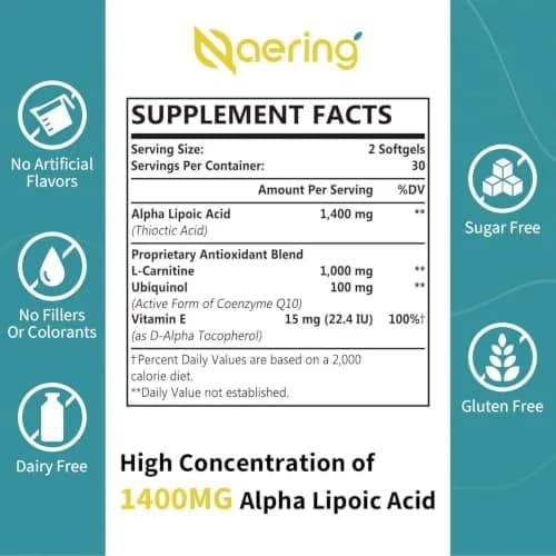 Naering Liposomal Alpha Lipoic Acid 1400mg Softgels | High Dose Antioxidant Support for Adults thumbnail 2