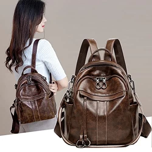 Mn&Sue Women's Leather Backpack Purse Medium Size Fashion Shoulder Bag Rucksack - Coffee, 25.7cm (10.1" W) thumbnail 2