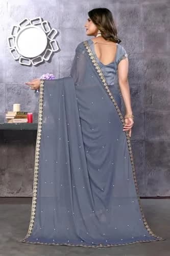 Yashika Lycra Blend Saree with Blouse Grey One Size | Floral Woven Fabric thumbnail 4