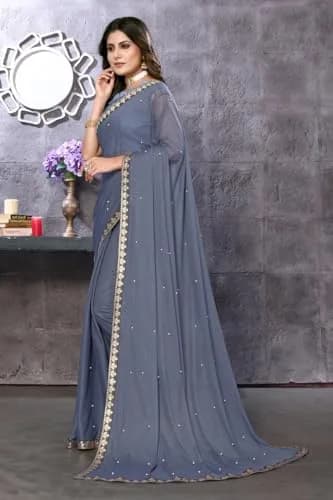 Yashika Lycra Blend Saree with Blouse Grey One Size | Floral Woven Fabric thumbnail 5