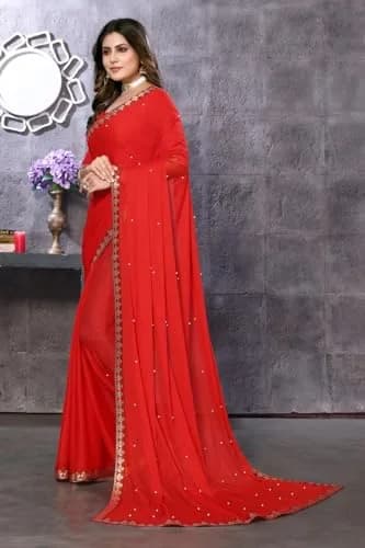 Yashika Womens Lycra Blend Saree Red 5.25m (5.75yd) | Floral Pattern Party Wear thumbnail 5