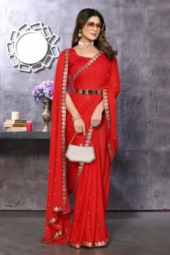 Yashika Womens Lycra Blend Saree Red 5.25m (5.75yd) | Floral Pattern Party Wear thumbnail 2